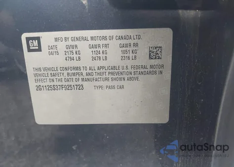 2015 Chevrolet Impala 2Lt from USA, damaged, VIN 2G1125S37F9251723